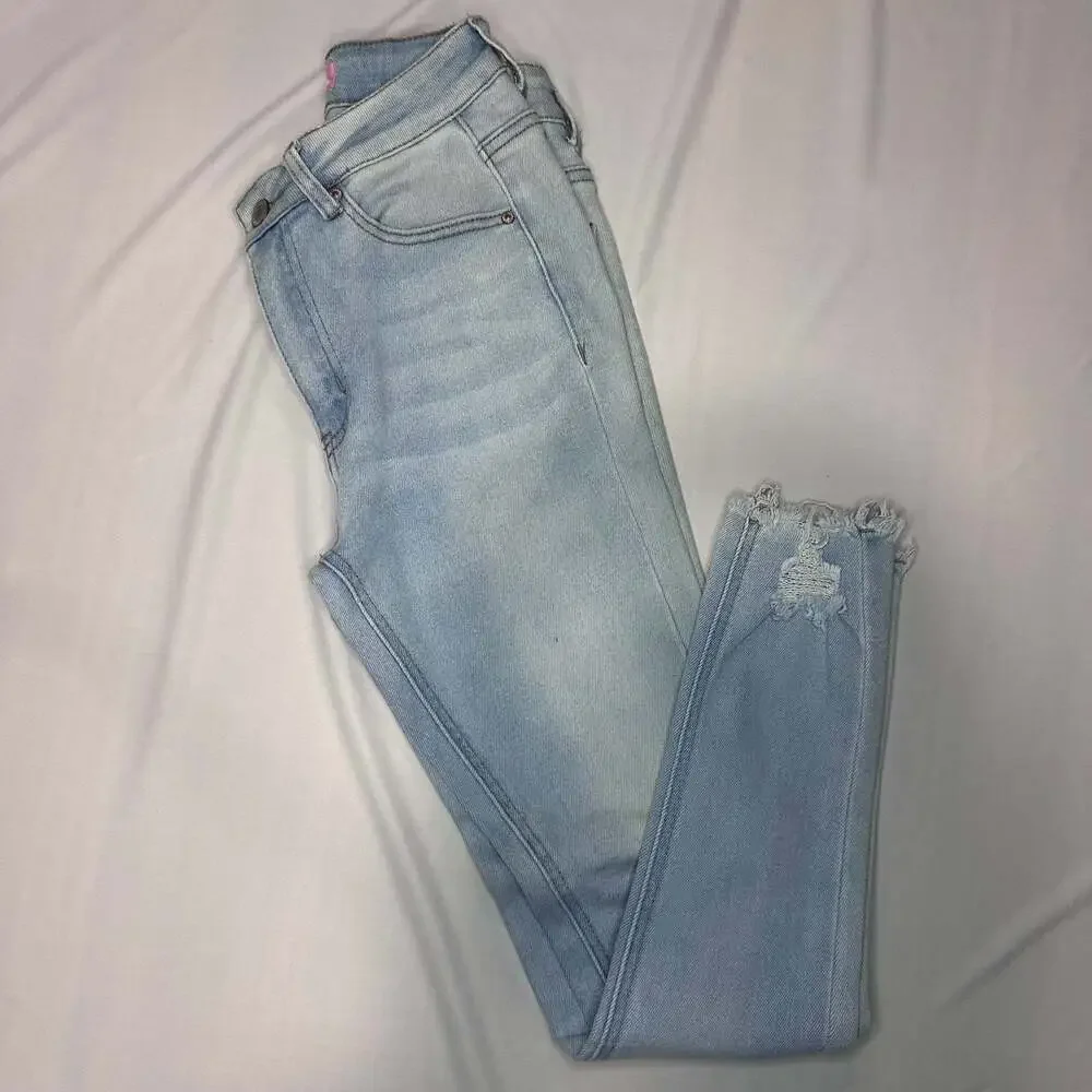 Bamboo Original Denim Light Wash Distressed Raw Hem Skinny Jeans
